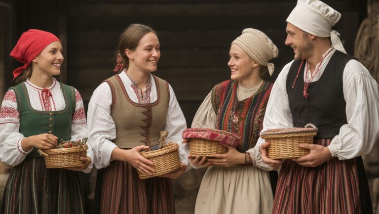 Keturi tradiciškai apsirengę lietuviai iš įvairių regionų keičiasi unikaliomis, rankomis pagamintomis dovanomis su šiltomis šypsenomis kaimiškoje, autentiškoje aplinkoje. Realus stilius.