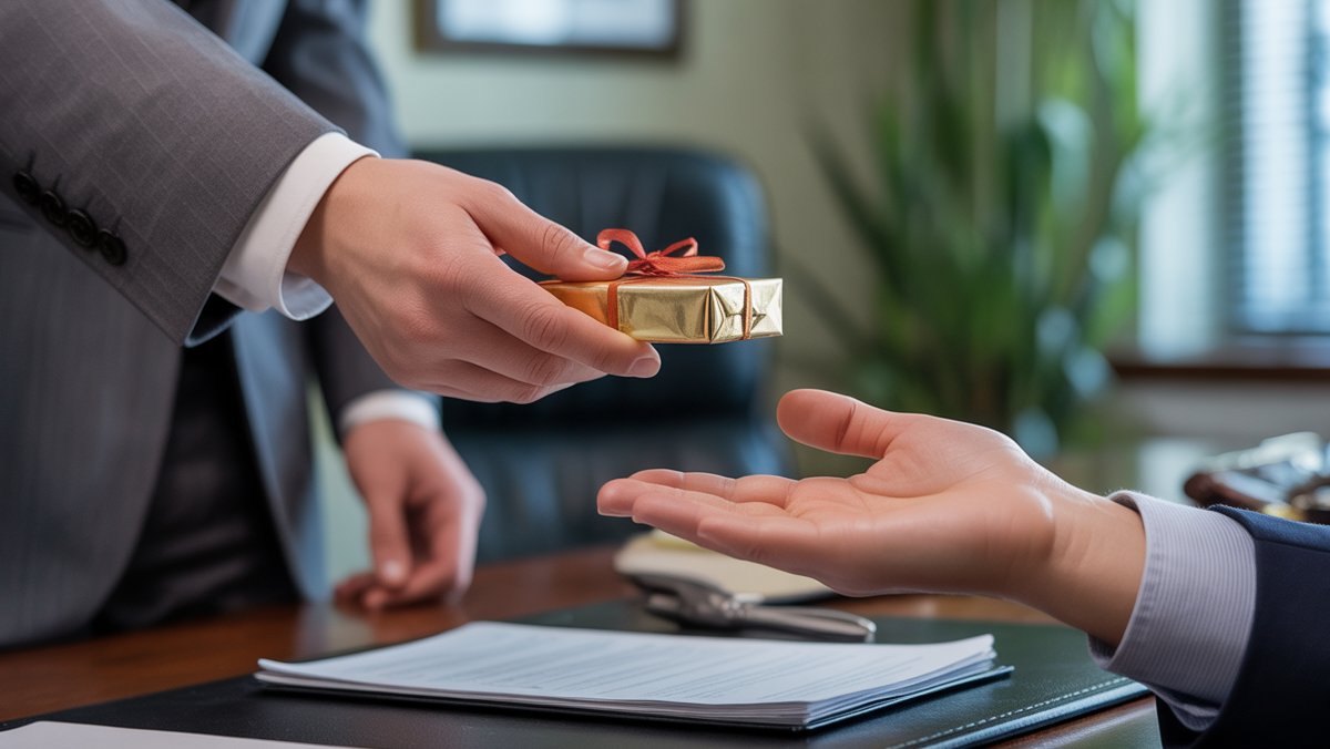 Realus gerai apsirengusio darbuotojo rankos iš arti pateikimas, nedrąsiai įteikdamas diskretišką dovaną viršininko rankai ant biuro stalo, perteikdamas verslo etiketą.