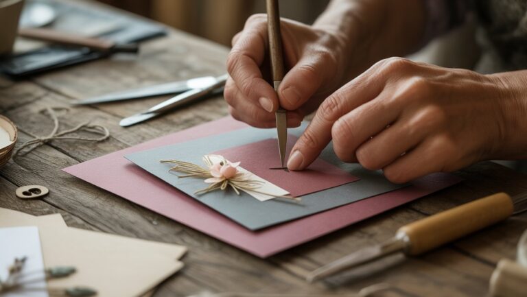 Realistiškas kvalifikuotų rankų iš arti, kruopščiai kaupdamas unikalų, nuoširdų rankų darbo sveikinimo atviruką su įvairiais popieriais ir pagražinimais ant kaimiško medinio stalo, minkštos natūralios šviesos.