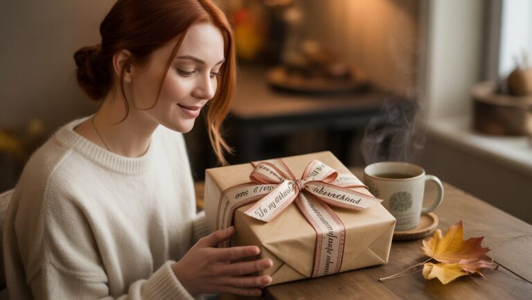 Realistiška scena: žmogus, apgalvotai pristatęs gražiai suvyniotą, unikalią naudotą dovaną, šiltą kviečiančią atmosferą, minkštą natūralią šviesą.