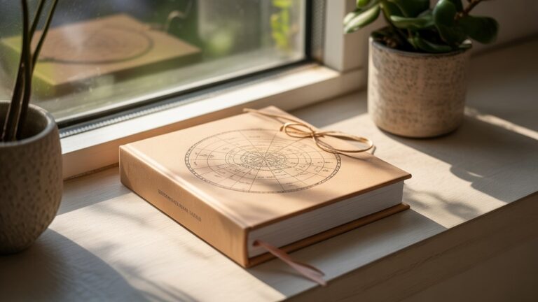 Puoselėjama, unikali rankų darbo dovana-galbūt suasmenintas žvaigždžių žemėlapis ar pritaikytas nuotraukų albumas-apgalvotai ilsisi ant saulės nutiestos palangės, iššaukiančios šilumą ir ryšį. Fotorealistinė, minkšta aplinkos šviesa, platus kadras.