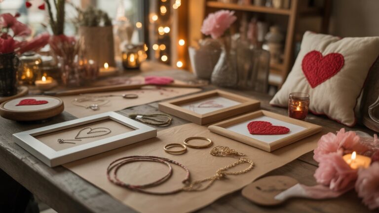 Jauki amatininkų dirbtuvės, užpildytos suasmenintomis Valentino dovanomis, kurios buvo pagamintos rankomis - pasirinktiniai nuotraukų rėmai, graviruoti papuošalai, siuvinėtos pagalvės - šiltas auksinis apšvietimas, fotorealistinis intymių amatininkų atmosfera.