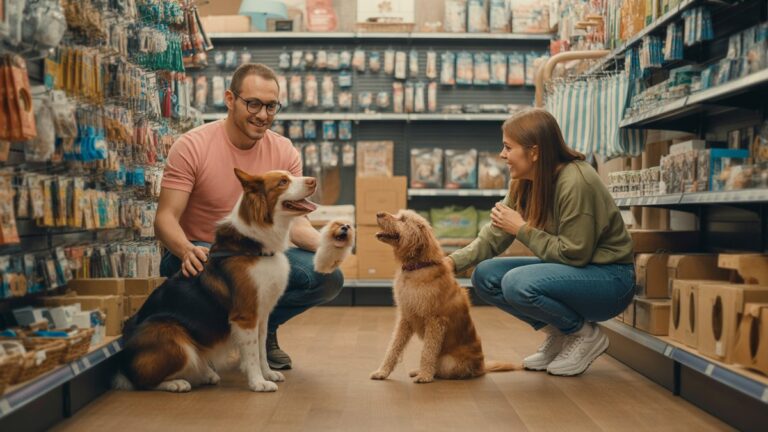 Širdį šildanti naminių gyvūnėlių parduotuvės scena su laimingais šunimis, katėmis ir jų savininkais, renkantis spalvingus žaislus, aksesuarus ir skanėstus iš medinių lentynų, šilto natūralaus apšvietimo, fotorealistinės gyvenimo būdo fotografijos.