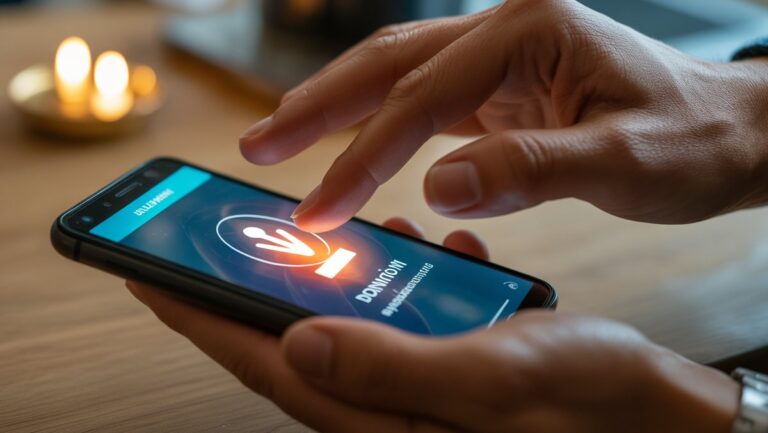 Realus rankų iš arti sąveikaudamas su žėrinčiu išmaniojo telefono ekranu, kuriame rodomas skaitmeninis donorystės patvirtinimas, šilta ir prasminga šviesa.