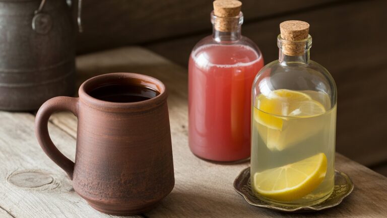 Realus natiurmortas: kaimiškas molio puodelis iš tamsios lietuviškos kvaso šalia kamšto stiklinių butelių tradicinių vaisių gėrimų ant senamojo medinio stalo. Minkšta, natūrali šviesa.