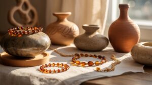 Realistiškas, ryškus autentiškų lietuvių dovanų natiurmortas: žvilgantys gintaro papuošalai, sudėtingai austi linai ir amatininkų keramika, apšviesta šilta, kviečiančia saulės spinduliais.