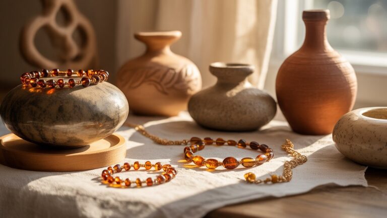 Realistiškas, ryškus autentiškų lietuvių dovanų natiurmortas: žvilgantys gintaro papuošalai, sudėtingai austi linai ir amatininkų keramika, apšviesta šilta, kviečiančia saulės spinduliais.