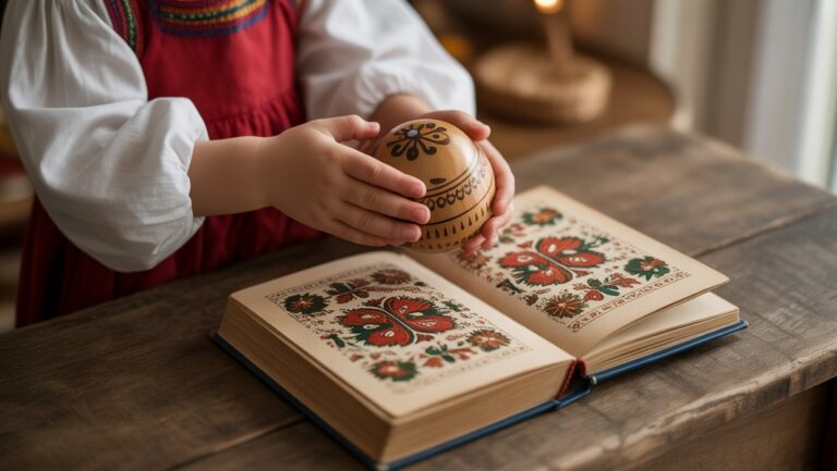 Realistiška nuotrauka: Vaiko rankos švelniai laikančios tradicinį lietuvišką medinį žaislą ir atvirą knygą su liaudies meno raštais, ant kaimiško stalo, šiltos, minkštos šviesos.