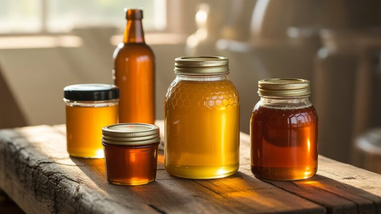 Realistiški, kviečiantys iš arti iš arti iš auksinių medaus stiklainių ir „Gintaro Mead“ butelių, subtiliai išdėstytų ant pagyvenusios kaimiškos medienos, maudomos šiltoje, minkštoje, natūralioje šviesoje.