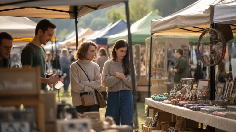 Įvairi grupė žmonių, apgalvotai pasirinkę dovanas iš amatininkų turgavietės, užpildytos rankomis pagamintais daiktais, šilta popietės saulės spinduliais, filtruojančiais per drobės palapines, fotorealistinį dokumentinį filmą.