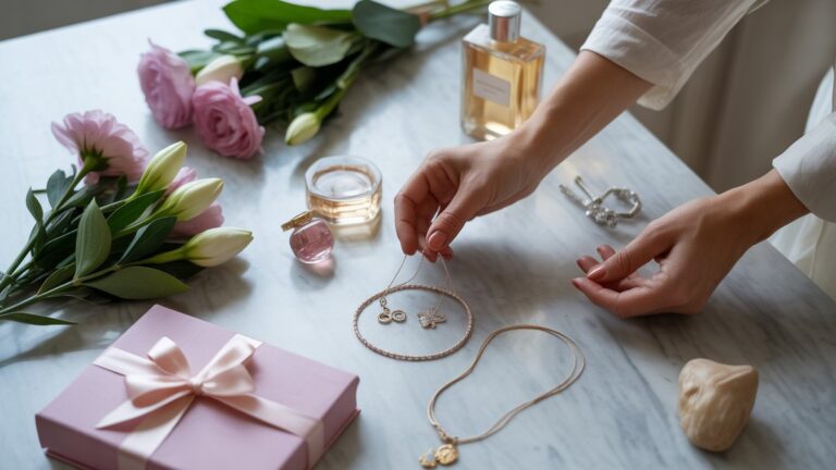 Elegantiškos moters rankos subtiliai išdėstomos įvairių dovanų daiktų ant marmurinio paviršiaus - papuošalų, gėlių, knygų, kvepalų butelių - minkštas natūralus apšvietimas, viršutinės perspektyva, fotorealistinė gyvenimo būdo fotografija.