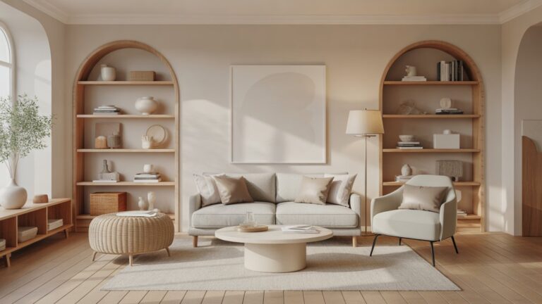 Kurta universalių, aukštos kokybės daiktų kolekcija, subtiliai išdėstyta šiltai, kviečiančioje minimalistinėje namų aplinkoje, maudydamasis švelniai natūralioje šviesoje, fotorealistiniame plačiame šūvyje.