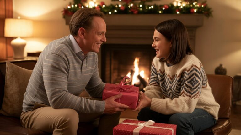Tėvas ir suaugęs vaikas, dalijantis prasminga akimirka, kai išvyniojate apgalvotai pasirinktas dovanas jaukioje gyvenamajame kambaryje, šiltame židinio apšvietime, fotorealistinėje šeimos scenoje su turtingais gintaro tonais.