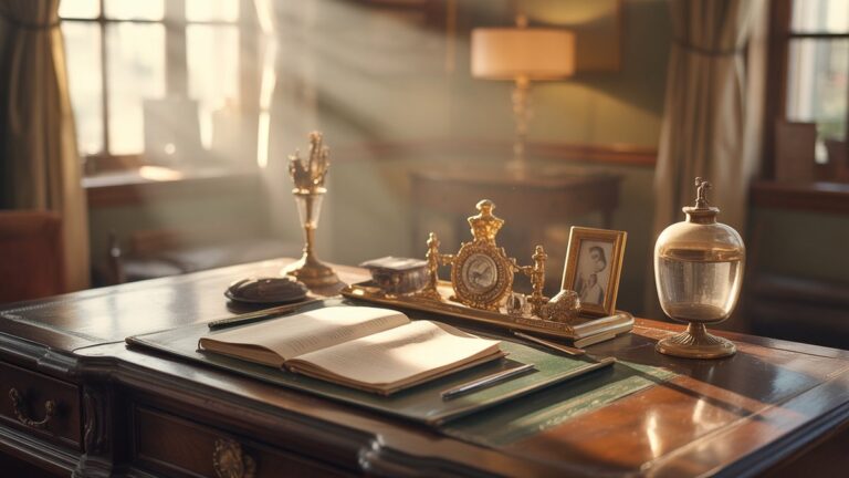 Platus, realus elegantiško senovinio stalo kadras, išsimaudęs šiltoje saulės šviesoje, su nesenstančia simbolinių daiktų kolekcija, vaizduojančia bendrus prisiminimus ir ateities galimybes, apgalvotai išdėstytas. Fotorealistinis, minkštas dėmesys.