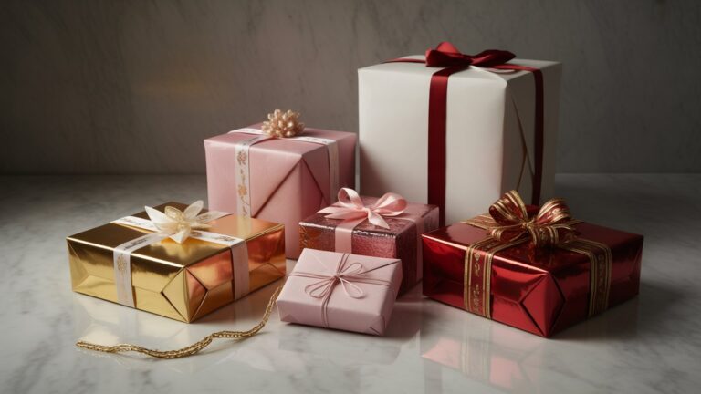 Elegantiškos įvairaus dydžio dovanų dėžutės, suvyniotos į prabangius popierius, išsibarsčiusius per marmuro paviršių, minkštas studijos apšvietimas, sukuriantis švelnius šešėlius, fotorealistinę kompoziciją su sodriais brangakmenių tonais ir metaliniais akcentais.