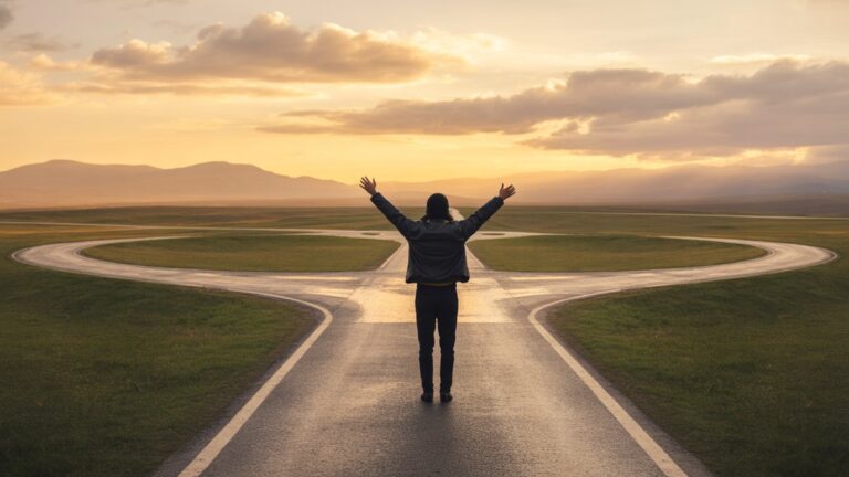 Žmogus, turintis džiaugsmingą išraišką, stovi šviečiančioje kryžkelėje, įvairūs kviečiantys keliai, vedantys į išskirtinius, patrauklius išgyvenimus, kinematografinę, hiperrealistinę, šiltą auksinę valandą.