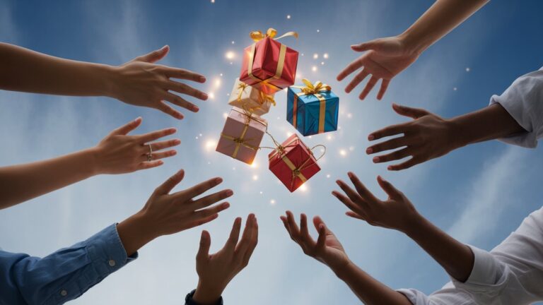 Įvairios rankos, pasiekiančios plūduriuojančią spalvingų dovanų dėžučių kolekciją, pakabintą viduryje ore, stebuklingos kibirkštys, jungiančios davėją su imtuvu, svajingu eteriniu apšvietimu, fotorealistine fantazijos kompozicija.