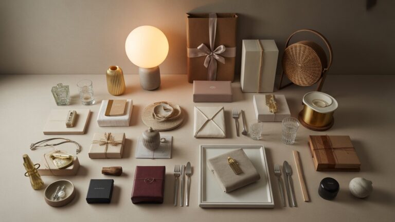 Platus, fotorealistinis, padidėjęs vaizdas į elegantišką, kuruojamą įvairių, neužkrėčių aukštos kokybės daiktų kolekciją, dailiai išdėstytą ant švaraus, lengvo paviršiaus. Minkšta, šilta aplinkos šviesa, kviečianti atmosfera.