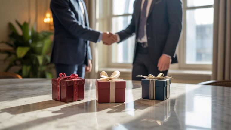Elegantiškos verslo dovanos, išdėstytos ant poliruoto marmuro stalo stalo su minkštu lango lempute, sukuriant dramatiškus šešėlius, įmonės rankos paspaudimą neryškiame fone, fotorealistiniame lauko gylyje.