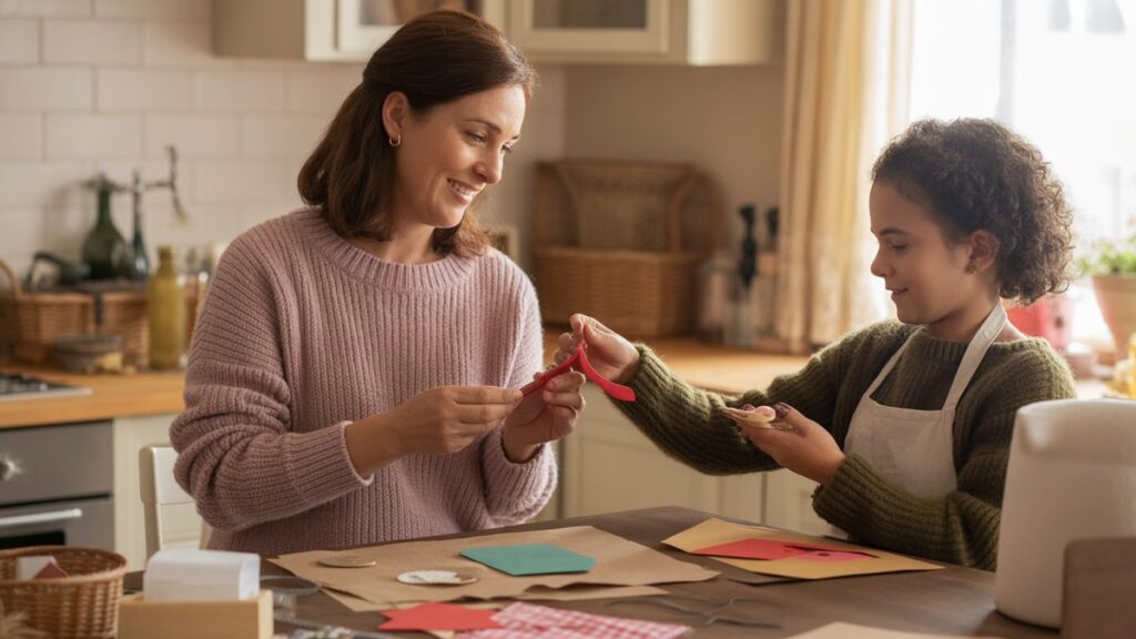 Šilta motina ir suaugusio vaiko rankų darbo dovanos kartu prie virtuvės stalo, minkštas natūralus apšvietimas, išsibarsčiusios spalvingos medžiagos, nuoširdi atmosfera, fotorealistinis stilius, jaukus namų aplinka.