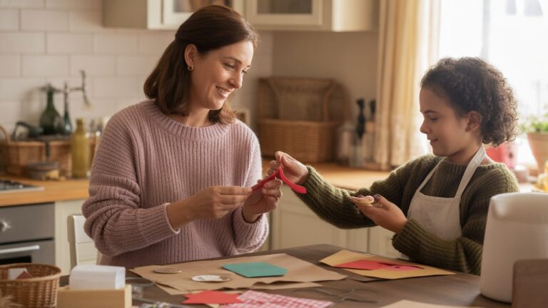 Šilta motina ir suaugusio vaiko rankų darbo dovanos kartu prie virtuvės stalo, minkštas natūralus apšvietimas, išsibarsčiusios spalvingos medžiagos, nuoširdi atmosfera, fotorealistinis stilius, jaukus namų aplinka.