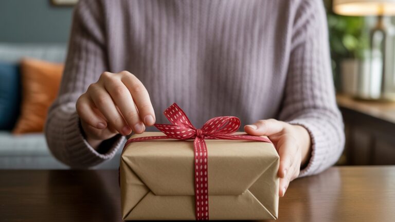 Realistiška nuotrauka: Žmogaus rankos apvalina bendrą, aiškiai nepageidaujamą dovaną, subtilią veido išraišką, perteikiančią mandagų nusivylimą, minkštą vidaus apšvietimą.