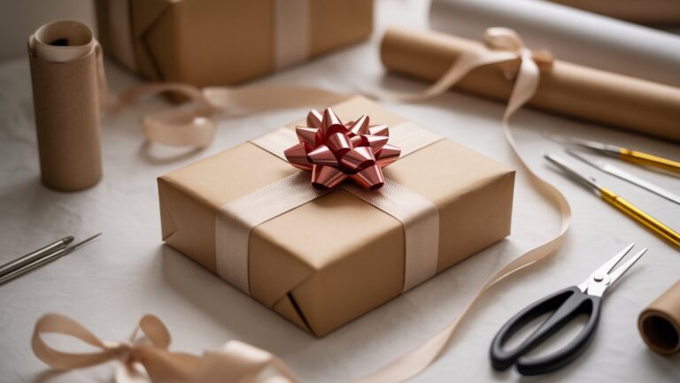 Iš arti, realus tobulai apvyniotos dovanos kadras su elegantišku lanku, apsuptu daugybės profesionalių dovanų vyniojimo įrankių ant nesugadintos, gerai apšviestos darbo vietos.