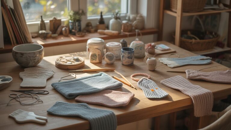 Jaukūs dirbtuvių stalas, išsibarstęs su vykdomomis rankomis pagamintų „pasidaryk pats“ dovanomis - megzti šalikai, dažyti keramika, mediniai amatai - apsupti amatininkų reikmenų, šilta popietės šviesa, transliuojama pro langą, fotorealistiniai.