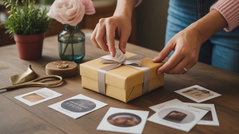 Realistiška scena: Rankos kruopščiai pasirenkant individualizuotos dovanos detales, apsuptas apgalvotų variantų, perteikdamos pastangas išvengti bendrų dovanų klaidų.