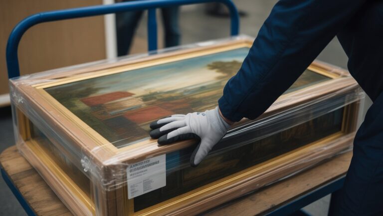 Realistiška scena: pirštinės ranka švelniai sureguliuoja didelį, kruopščiai surinktą vaizduojamojo meno kūrinį ant pristatymo vežimėlio, perteikdama subtilų valdymą ir saugų transportą.