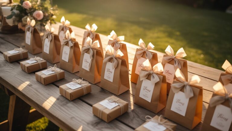 Gražiai suvyniotos maži dovanų maišeliai ir dovanos dėžutės, išsibarsčiusios per kaimišką medinį stalą lauko šventėje, šiltą saulėlydžio apšvietimą, fotorealistinę, šventinę vakarėlių atmosferą.