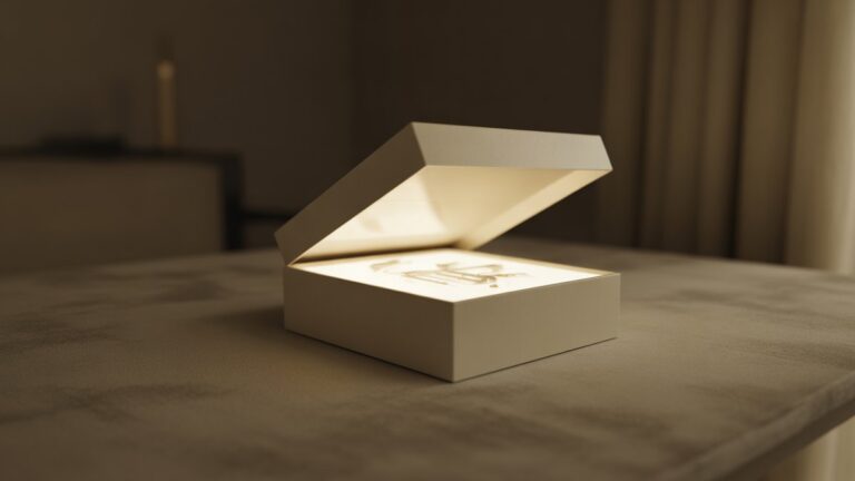 Aptaki, minimalistinė dovanų dėžutė, pusiau atidaryta, subtiliai atskleidžianti šviečiantį, siekiantį kelią, esantį rafinuotoje, švelniai apšviestoje aplinkoje. Realus, kinematografinis realizmas, apgalvota kompozicija.