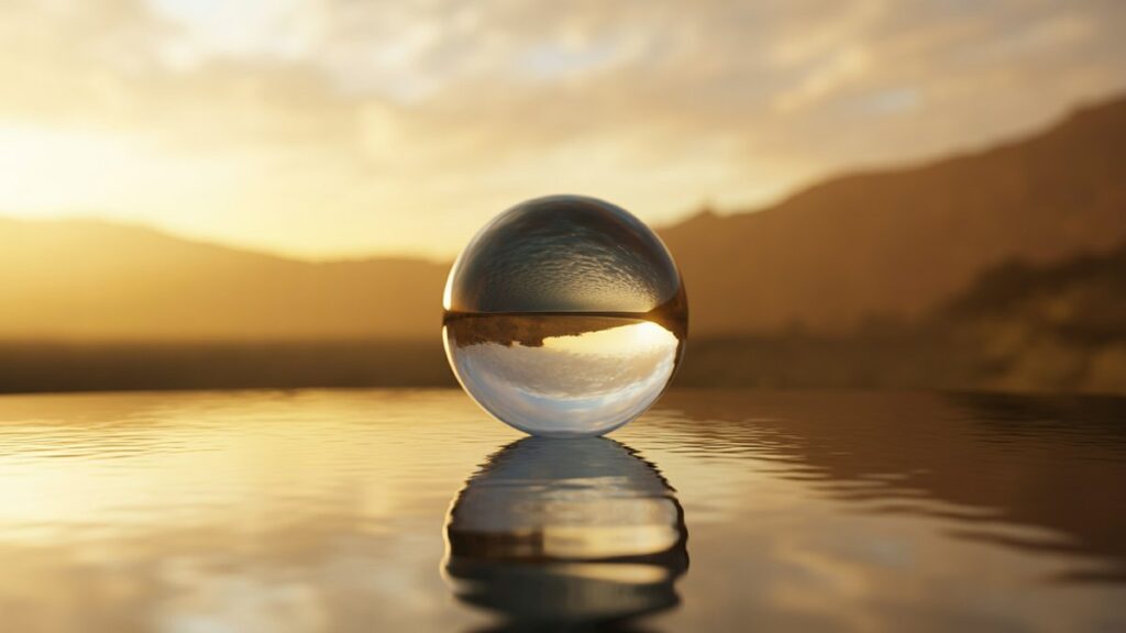 Nesugadintas, elegantiškas simbolinis ramios prabangos artefaktas, ilsisi ant poliruoto paviršiaus, maudomas kino auksinėje šviesoje, su neryškiu, siekiamu tolimu horizontu. Hiperrealistinis, gilus dėmesys.