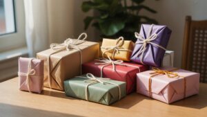 Atskirų, apgalvotai apvyniotų dovanų kolekcija, kiekviena išskirtinė forma ir spalva, išdėstyta ant šilto, kviečiančio paviršiaus, išsimaudė minkštoje, natūralioje šviesoje, įkūnijančioje įvairią meilę. Fotorealistinis.