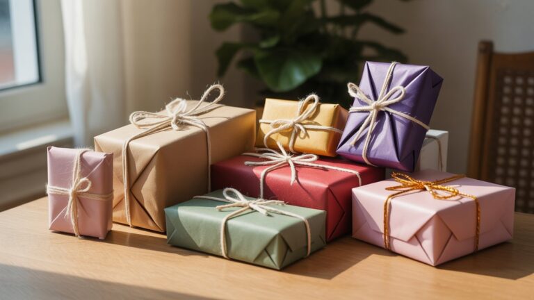 Atskirų, apgalvotai apvyniotų dovanų kolekcija, kiekviena išskirtinė forma ir spalva, išdėstyta ant šilto, kviečiančio paviršiaus, išsimaudė minkštoje, natūralioje šviesoje, įkūnijančioje įvairią meilę. Fotorealistinis.