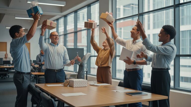 Įvairūs darbuotojai, švenčiantys laimėjimus su dovanų dėžėmis ir įvertinimo pažymėjimais šiuolaikiniame atviro plano biure, natūralią dienos šviesą transliuojant per „Windows“, fotorealistinės korporatyvinės kultūros dokumentacijos stilių.