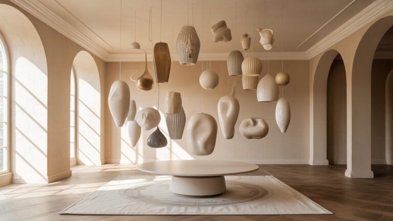 Įvairūs gražiai suprojektuotų, simbolinių objektų rinkinys, kiekvienas užuomina į unikalią asmenybę, dailiai pakabintą elegantiškoje, erdvoje erdvėje. Fotorealistinė, minkšta šilta šviesa, plati kompozicija.