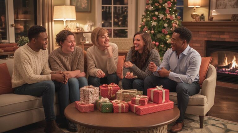 Širdies šildomas įvairių draugų susirinkimas, juokiantis aplink kavos staliuką, padengtą gražiai suvyniotomis dovanomis, jauki svetainė su židinio švytėjimu, fotorealistinis, šiltas auksinis valandos apšvietimas.