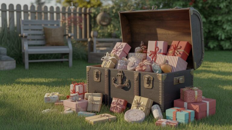 An eclectic collection of unique, artfully presented gifts spilling from an antique wooden trunk onto the grass in a sunlit, whimsical backyard garden, photorealistic wide shot.