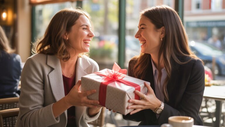 Dvi moterys draugės džiaugsmingai juokiasi, mainuodami gražiai suvyniotas dovanas į jaukią kavinę, šiltą popietę saulės spinduliai, filtruojantys pro langus, fotorealistiniu nuoširdžiu momentu su natūraliomis išraiškomis.