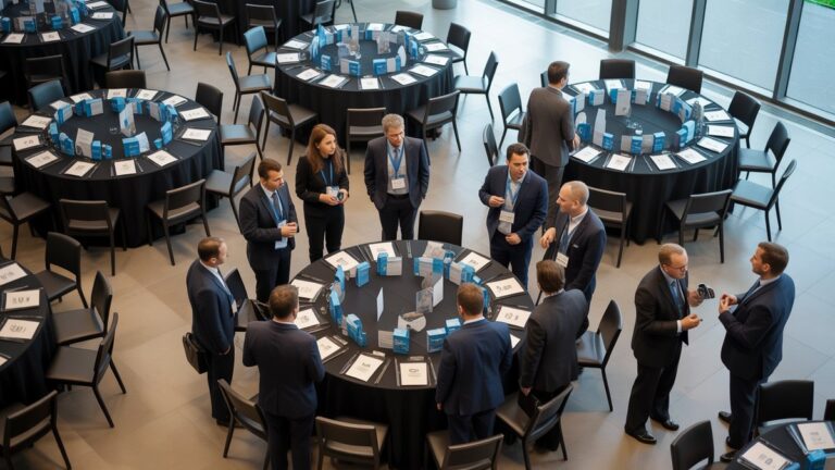 Įvairių verslo profesionalų vaizdas, kuriame tinkle aplink žiedinės konferencijų stalai, pakrauti su firminės įmonės dovanomis, reklaminiais daiktais ir sveikinimo pakuotėmis, profesionali konferencijų salės aplinka, ryškus modernus apšvietimas, fotorealistinis stilius.