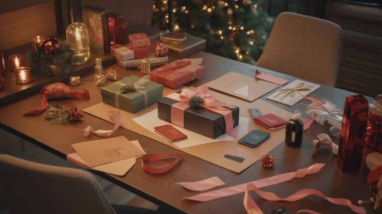 Korporatyvinės dovanų vyniojimo stotis su spalvingomis juostelėmis, elegantiškomis dėžėmis ir sezoninėmis dekoracijomis, išsibarsčiusiomis per medinę darbo vietą, šiltą aplinkos apšvietimą, fotorealistinę viršutinę perspektyvą, fiksuojančią šventinį verslo paruošimo atmosferą.