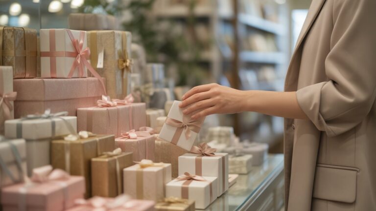 Galvojančios moters rankos švelniai naršo išskirtiniu potencialių dovanų demonstravimu, demonstruojančiu eleganciją ir įvairovę, rafinuotame butike, švelniame fokusavimo fone, fotorealistinėje.