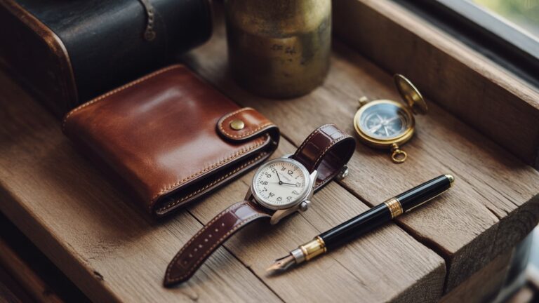 Turtingas rafinuotų vyriškų daiktų natiurmortas: senovinis laikrodis, gerai nešiojama odinė piniginė, dailus plunksnos rašiklis ir kompasas, dailiai išdėstytas ant kaimiško medinio stalo, minkštos natūralios šviesos, fotorealistinės.