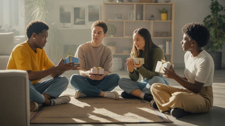 Įvairių jaunų suaugusiųjų grupė (19–29) saulėtėje, šiuolaikinėje komunalinėje erdvėje, subtiliai bendraudama su šiuolaikinėmis, praktinėmis dovanomis, įkūnijančiu siekį ir asmeninį augimą. Fotorealistinis, platus kadras, natūrali šviesa.