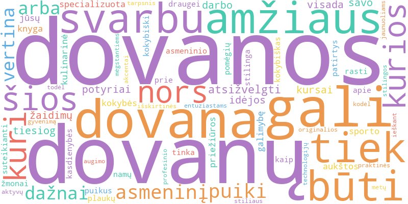 „Word Cloud“ iliustruoja pagrindines straipsnio „Dovanos Jaunuoliams“ koncepcijas (19–29 metai)