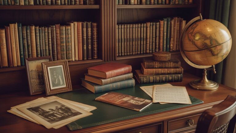 Elegantiškas vintažinės bibliotekos kampas su odomis surištomis knygomis, senovinis gaublys, klasikinės muzikos lapai, meno atspaudai ir apvyniotos kultūrinės dovanos ant raudonmedžio stalo, šiltas gintaro apšvietimas, fotorealistinis.