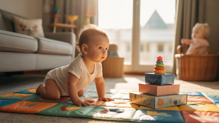 Smalsus kūdikis, besislapstantis per spalvingą žaidimo kilimėlį link kūrimo žaislų ir dovanų dėžučių krūvos, auksinės valandos saulės spindulių, transliuojančių per vaikų darželio langą, fotorealistinės auklėjimo gyvenimo būdo sceną.