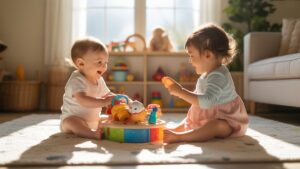 Saulė drąstanti, jauki žaidimų zona, užpildyta įvairia spalvingų, mokomųjų žaislų kolekcija. Laimingas kūdikis ir smalsus mažylis džiaugsmingai bendrauja su naujomis dovanomis. Realus, platus kadras, minkštas dėmesys, šilta šviesa.