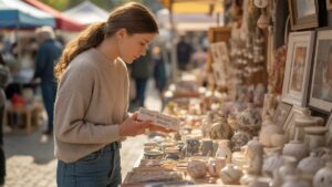 Galvojanti dukra, pasirinkusi asmenines dovanas iš „Artisan Market“ kioskų, užpildytų rankomis pagaminta keramika, paveikslais ir pomėgių reikmenimis, auksinės valandos apšvietimu, fotorealistiniu dokumentiniu stiliumi su šiltais žemės tonais.
